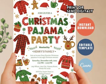 May include: A Christmas Pajama Party invitation with festive illustrations of pajamas, sweaters, and holiday icons. The invitation includes the text "Christmas Pajama Party" and event details. The design is colorful and playful, perfect for a holiday gathering.