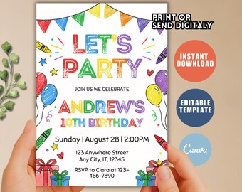 Modèle d'invitation d'anniversaire modifiable : invitation à une fête d'enfants (téléchargement numérique)