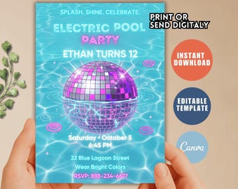 Faire-part électrique à la piscine : modèle d'anniversaire modifiable (téléchargement numérique)