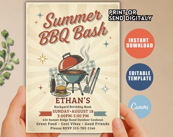 Modèle d'invitation d'anniversaire barbecue d'été modifiable (téléchargement numérique)