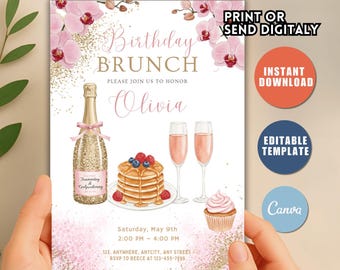 Modelo de convite editável para brunch de aniversário (download digital)