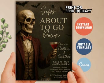 Invitation à une fête d'Halloween avec des cocktails squelettes, une invitation à une soirée costumée pour adulte (téléchargement numérique)