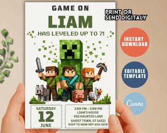 Pixel Block Birthday Invitation, Adventure Party Invite, Kids Canva Template (Digital Download)