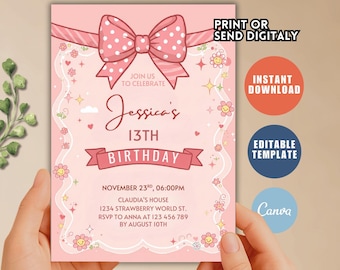 Pink Bow Coquette Bow Birthday Invitation, 13th Birthday Girl Invitation, Teen Birthday Invite, Coquette Bow,Canva Template,Digital Download