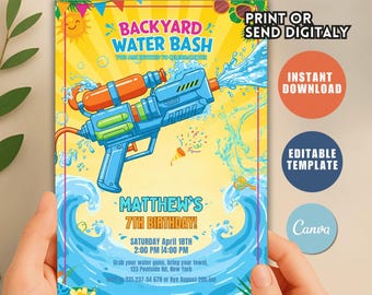 Water Gun Birthday Invitation, Summer Splash Party, Canva Editable (Digital Download)
