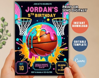 Faire-part d'anniversaire de basket-ball, Fête néon goutte de crème glacée, Invitation d'anniversaire de fête de sport, Thème sportif, Fête d'anniversaire d'enfants, Toile modifiable