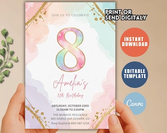 Editable Rainbow 8th Birthday Invitation, Glitter Girl Party (Digital Download)