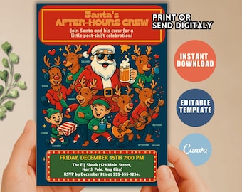 Santa's After-Hours Crew Christmas Party Invitation, Editable Template (Digital Download)