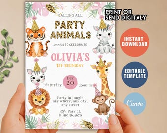Invitación editable "Llama a todos los animales de fiesta", invitación de cumpleaños infantil con animales de fiesta, lindos animales con sombreros de cumpleaños, editable en Canva