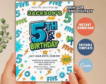 Editable Neon 5th Birthday Invitation, Boy (Digital Download)