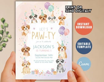 d'invitation d'anniversaire de fêtards | Patte de chien modifiable (téléchargement numérique)