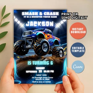 Editable Monster Truck Birthday Invitation, Boy Smash and Crash Birthday Invite, Monster Truck Party Invite, Printable Jam Invite, U42