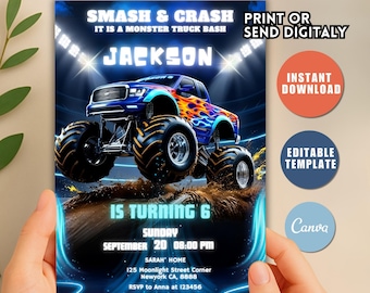 Editable Monster Truck Birthday Invitation, Smash and Crash Party (Digital Download)