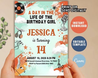 Life of the Birthday Girl Invitation, Karaoke Party (Personalized Canva Template)