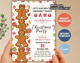 May include: A Christmas party invitation featuring gingerbread men and candy canes. The invitation includes the text "Let's Gather Tis Sweeeet Tooth Gang For A Merry Little Christmas Party". The invitation is hosted by The Jolly Family.