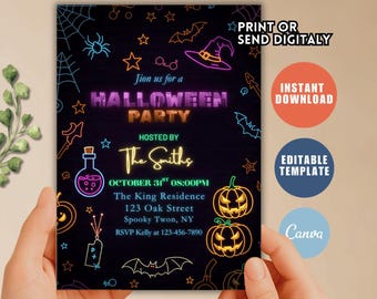 Editable Neon Halloween Birthday Invitation, Spooky Party Invite (Digital Download)