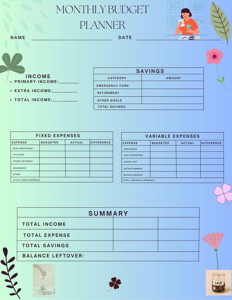 Monthly Budget Planner | Printable Budget Sheet | Digital Finance ...