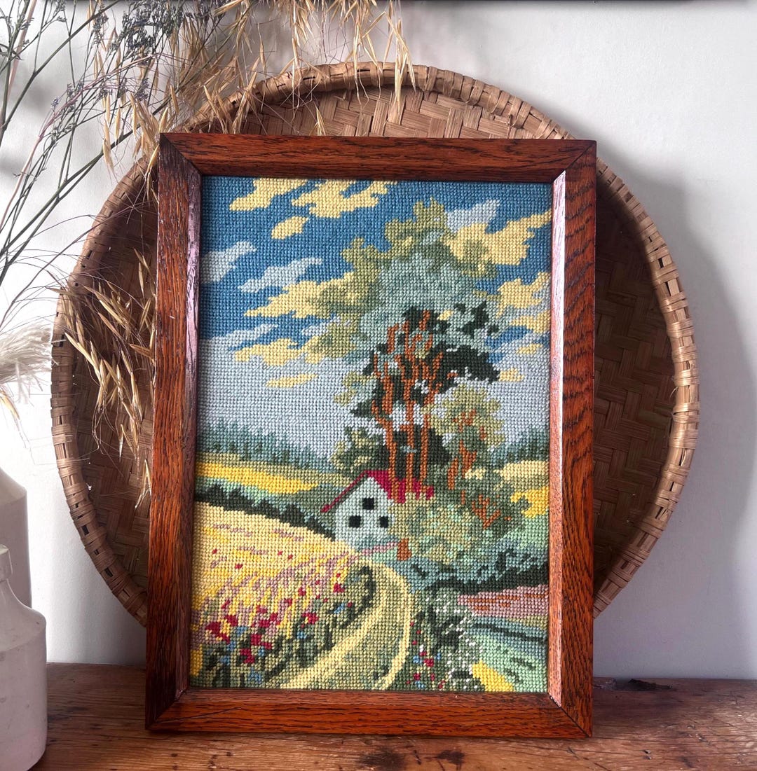 Vintage Framed Needlepoint Wall Art | Country Farmhouse Cottage ...