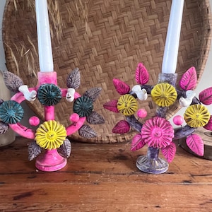 Vintage Mexican Folk Art Tree of Life Candelabras | Pair of Hand-Painted Clay Candle Holders with Birds & Flowers Artesanias Mexico Pottery