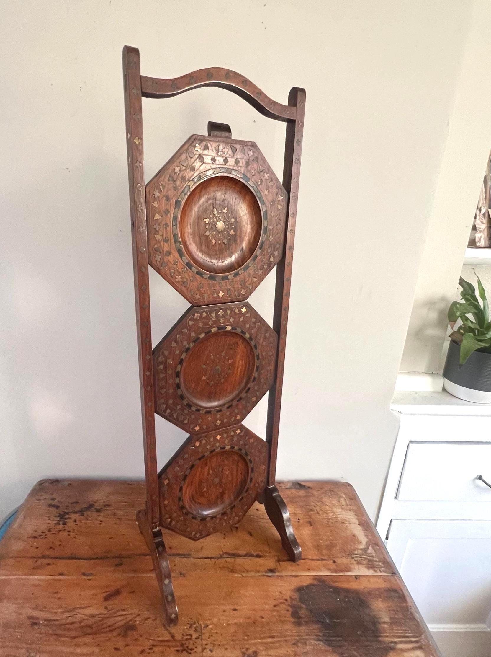 Antique Anglo-indian Inlaid Wood Folding Cake Stand - 3 Tier Hand