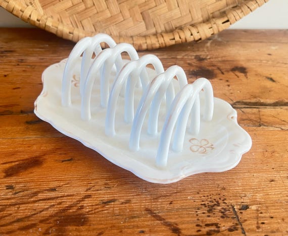 Antique Ceramic Toast Rack | White Porcelain Bread Holder | Vintage Cottagecore Floral Scalloped Toast Stand | English Country Kitchen Decor