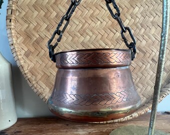 Antique Hand-Etched Copper Hanging Cauldron | Brass Accent Pot on Chain | Vintage Copper Planter | Rustic Jardiniere Farmhouse Decor
