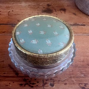 Vintage Regent of London Glass Trinket Dish, Sage Green Floral Brocade Lidded Powder Jar Hollywood Regency Jewelry Box Romantic Gift for Her
