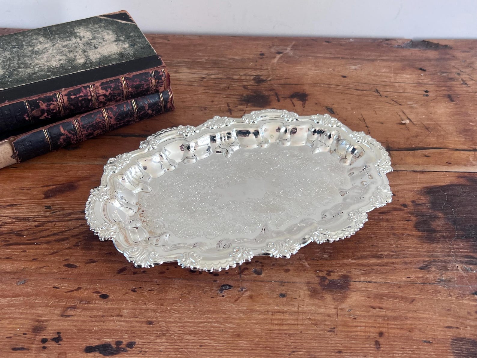 Vintage Falstaff Silver Plated Etched Tray with Ball Feet – Ornate English Footed Platter, Baroque Scroll Serving Tray, Made in England