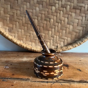 Fathers Day Gift, Vintage Decorative Wooden Ink Pot & Pen Set - Hand Carved Desk Accent - Folk Art Inkwell - Non-Functional Inkwell Display