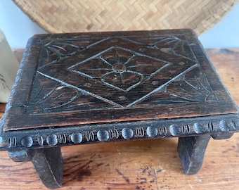 Antique French Rustic Hand-Carved Stool – Primitive Oak Footstool, Wabi Sabi Plant Stand, Farmhouse Wooden Riser, Folk Art Country Decor