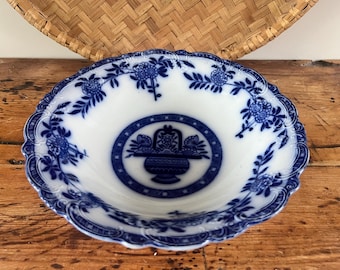 Antique Blue and White Transferware Bowl | Victorian Edwardian Flow Blue China Fruit Basket & Urn Scalloped Serving Dish |