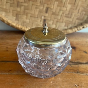 Antique Cut Glass Vanity Jar with Mixed Metal Lid, Fostoria Style Geometric Powder Bowl, Vintage Worn Silver to Brass Dresser Pot