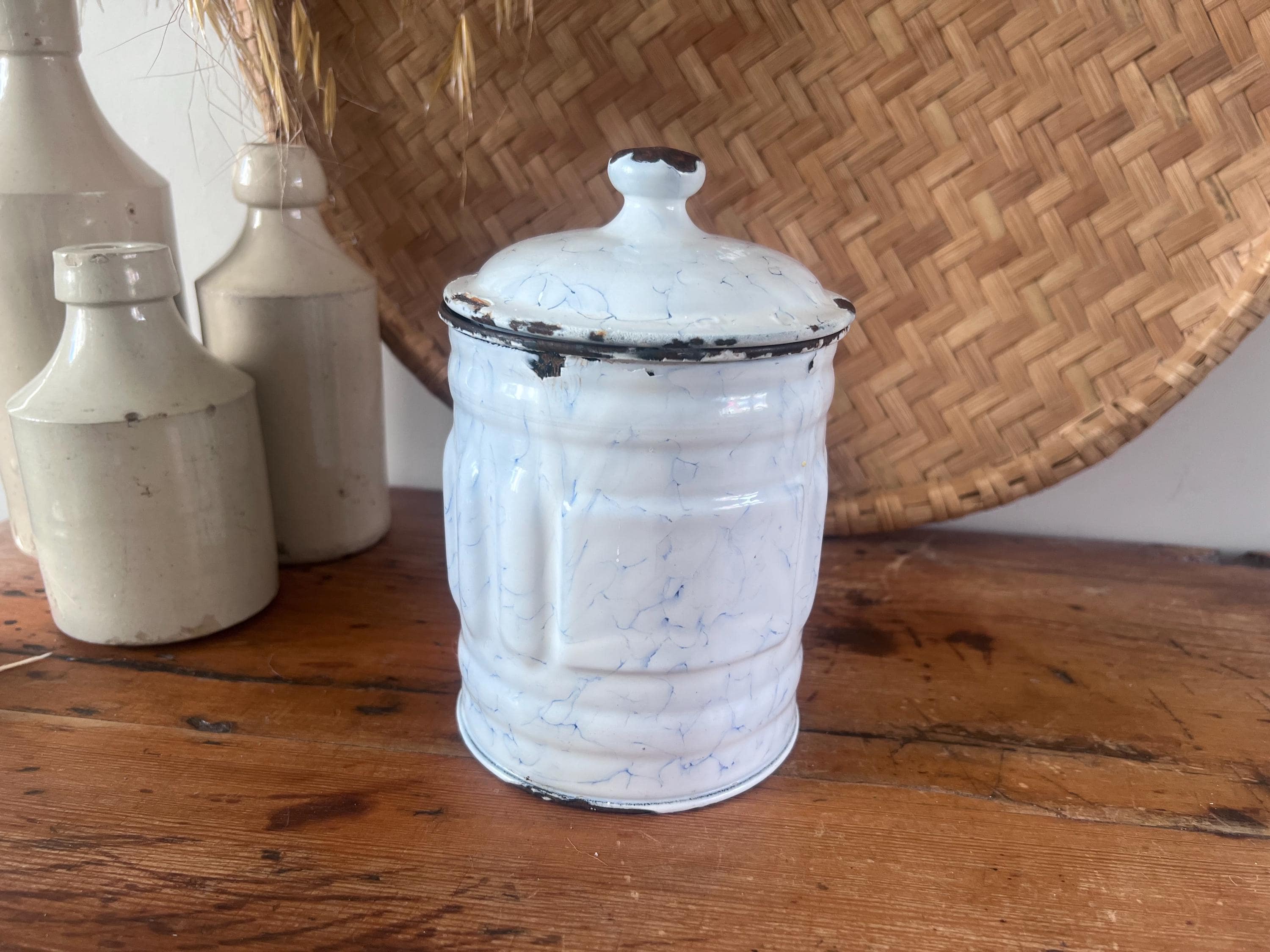 Antique French Enamel Canister Luc & Co Depose | Vintage Blue and