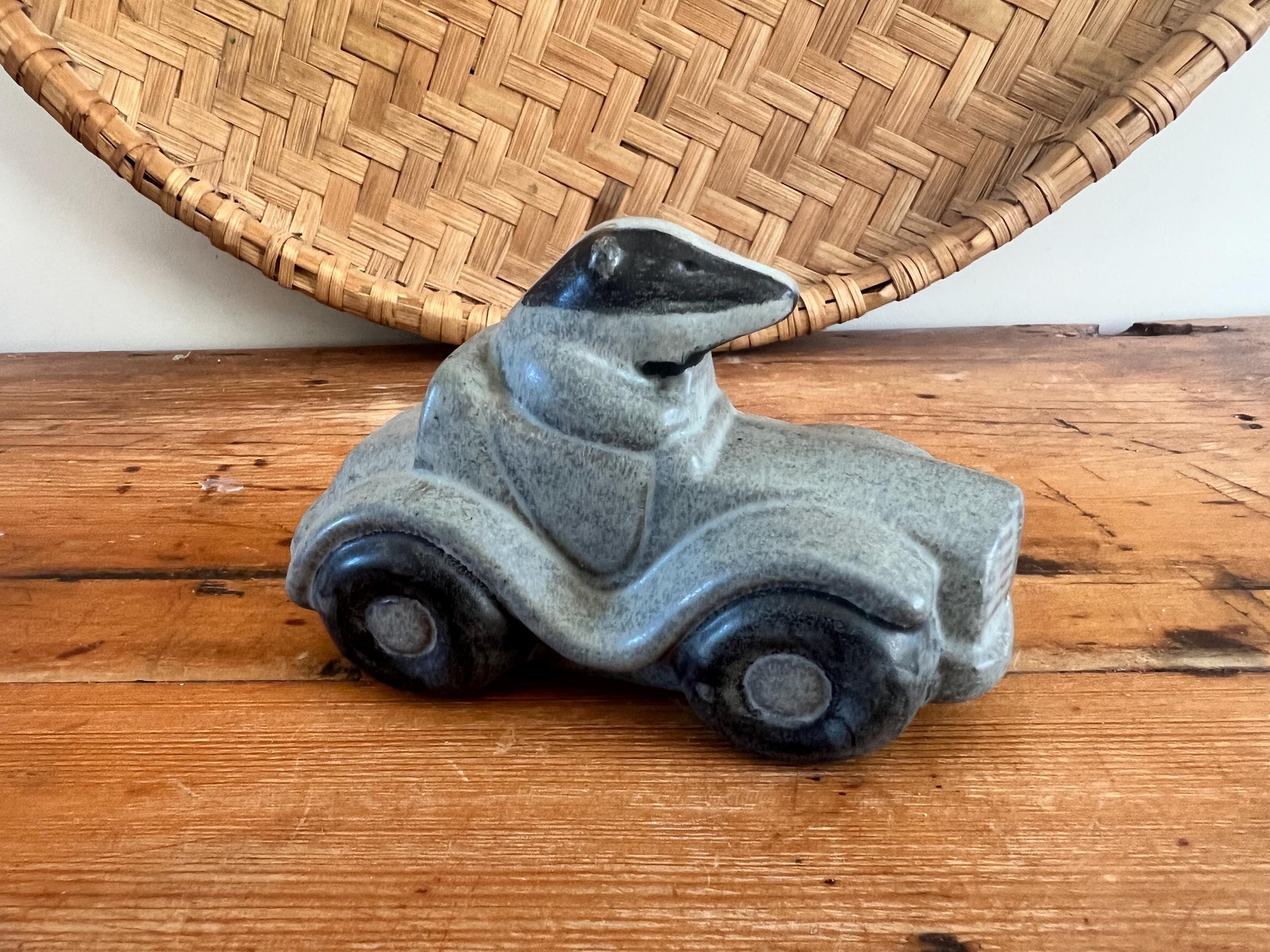 Unique Badger Driving Car Ceramic Figurine | Quirky Stoneware