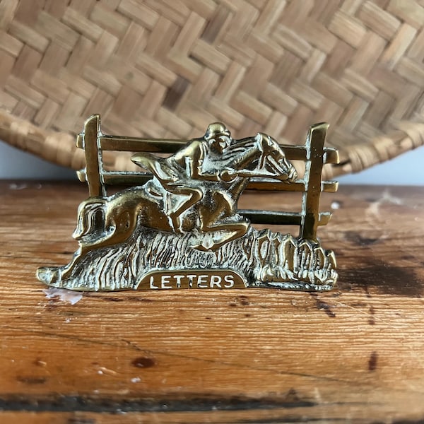Vintage Brass Horse and Rider Letters Holder - Jockey & Fence Equestrian Letter Rack  - Figural Desk Decor, Mantle or Shelf Accent