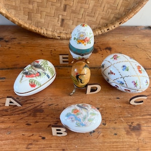 Vintage Porcelain & Wood Egg Trinket Box  | Floral and Bird Design Jewellery Pot |  English Bone China Wedgwood Coalport Keepsake Boxes |