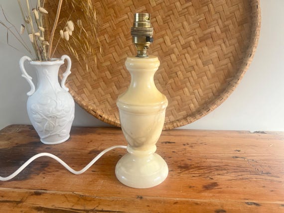 Vintage Cream Marble Bedside Lamp | Turned Onyx Table Lamp Base | Neoclassical Style | Hollywood Regency Desk Lamp | Natural Marbled