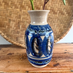 Handmade Blue Glaze Stoneware Vase: Rustic Bohemian Pottery