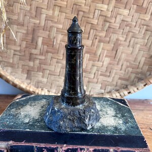Vintage Cornish Serpentine Lighthouse Ornament – Hand-Turned Stone Souvenir from Lizard Point, Cornwall – Mid-Century Nautical Decor