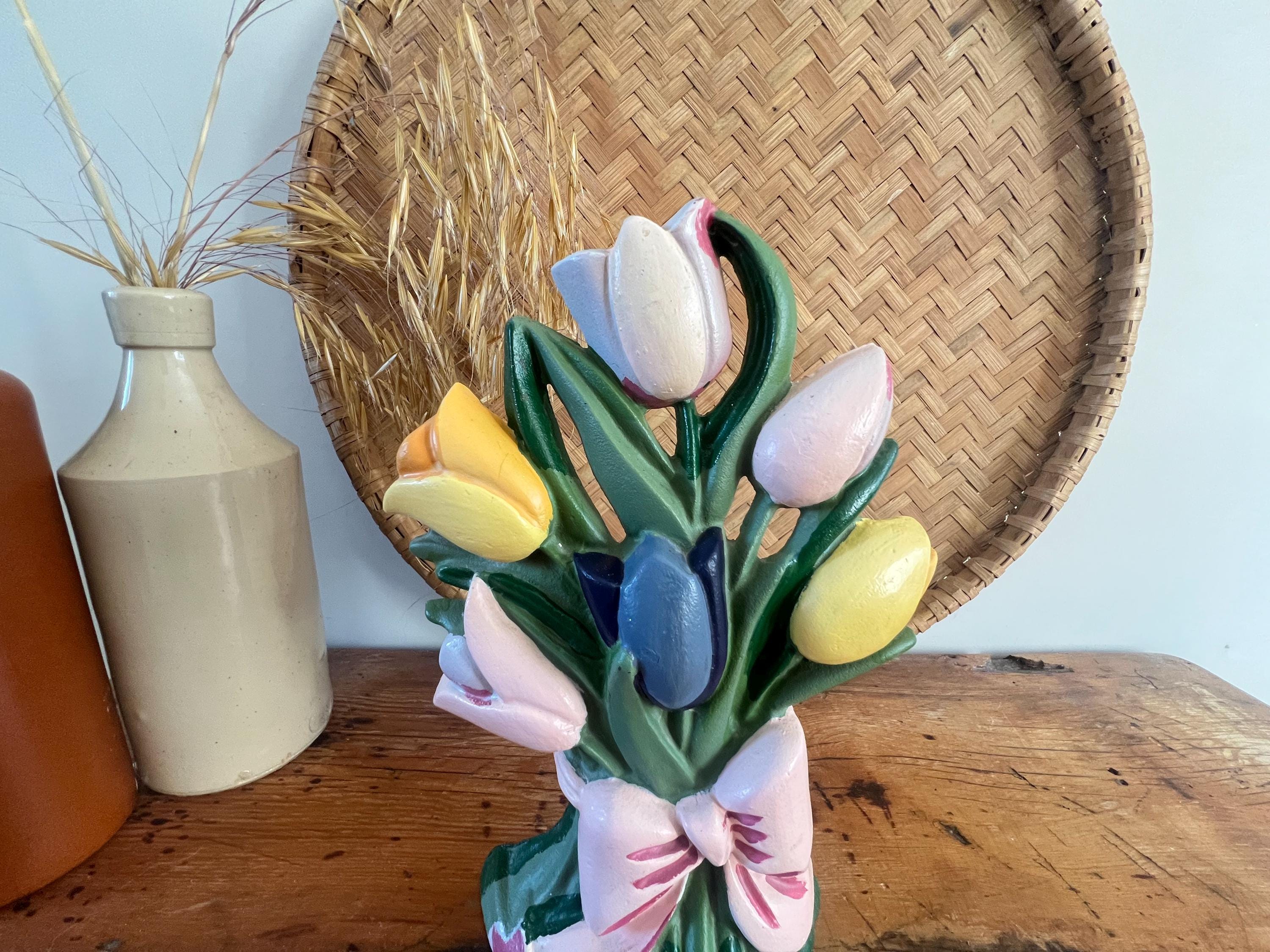Vintage Cast Iron Tulip Bouquet Doorstop, Hand Painted Floral Door