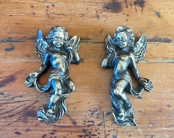 Cherub Wall Plaques - Set of 2 Hand-Painted Resin Bronze & Gold Winged Angels - Mid Century Neoclassical Putti Wall Decor - Made in Italy