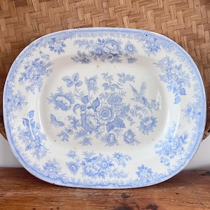 May include: An oval ceramic platter featuring a white base with a blue transferware pattern. The design includes intricate floral arrangements, foliage, and a bird in flight. The border is decorated with a repeating floral motif in blue.