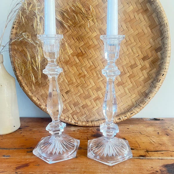 Pair of Vintage Cut Glass Lead Crystal Candle Holders - Wedding Decor Candlesticks