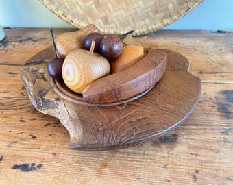 Vintage Hand-Turned Wood Fruit & Bowl Set | John Lowe Acacia Burl Bowl David Gliddon Fruit | Mid-Century Studio Woodcraft | 7-Piece Set