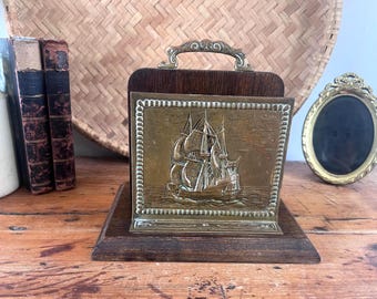 Vintage Nautical Brass & Wood Letter Rack - Embossed Galleon Sailing Ship Desk Organizer - Mid-Century Maritime Mail Holder - Office Decor