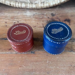 Father's Day Gift Vintage Leather Collar Stud Boxes, Pair of Tan & Blue Stitched Leather Pots Art Deco Gentleman's Vanity Small Travel Cases