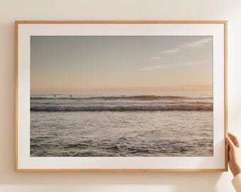 Coastal Wall Art Ocean Waves Print, Neutral Beach Sunset Photography, Large Horizontal Living Room Decor, Printable Wall Art