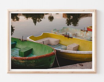 Colorful Boats, Nautical Wall Art, Green Yellow Coastal House Decor, Row Boats Photography Print, Lake House Wall Art, Pastel Art Print