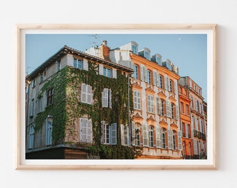 Impression photographie architecture France, art mural voyage, impression voyage bleu orange, impression sud de la France, ville rose de Toulouse, affiche de voyage