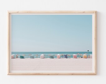 Beach Huts Photography Prints, Beach Pastel Colours, Pastel Beach Hut Print, Beach Art Photography, Blue Beach Decor, Pastel Beach Wall Art